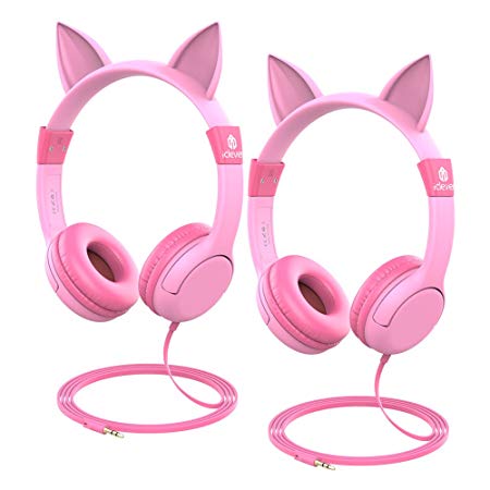 iClever kids headphones - Cat-Inspired On-ear Headphones for kids, 85dB Volume Control, Food Grade Silicone Lightweight Tangle-Free Cord, 3.5mm Audio Jack - Childrens Headphones, Pink - 2 Pack