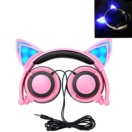 Cat Ear Headphones, Kids Headphones Flashing Blinking Glowing Cosplay Fancy Foldable Over-Ear Gaming Headsets with LED Light for Girls, Children, Compatible for iPhone 6S, Android Phone, PC (Pink)