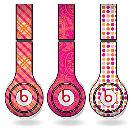 Orange & Pink Different Pattern Set of 3 Headphone Skins for Beats Solo HD Headphones - Removable Vinyl Decal!