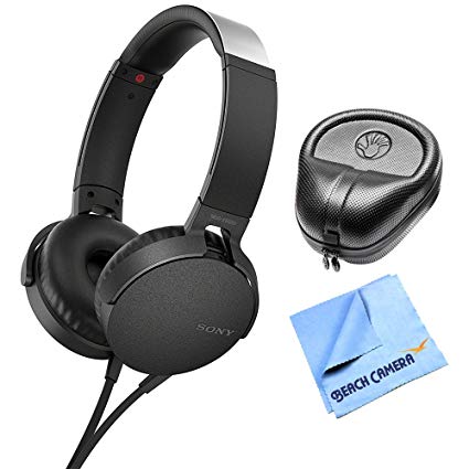 Sony Extra Bass On-Ear Headphone Black 2017 model (MDRXB550AP/B) with Slappa HardBody PRO Full Sized Headphone Case Black & General Brand 1 Piece Micro Fiber Cloth