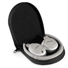 The headphones fold flat for storage in the zippered carrying case to protect them during travel.