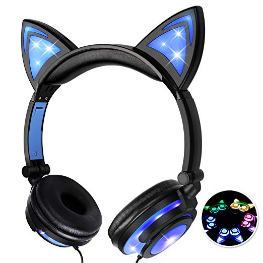 Baztoy Kids Headphones with Cat Ear Adjustable LED Lights Wired On-ear Rechargeable Headsets 85dB Volume Limited 3.5 mm Jack for Children Halloween and Christamas Gift (Blue)