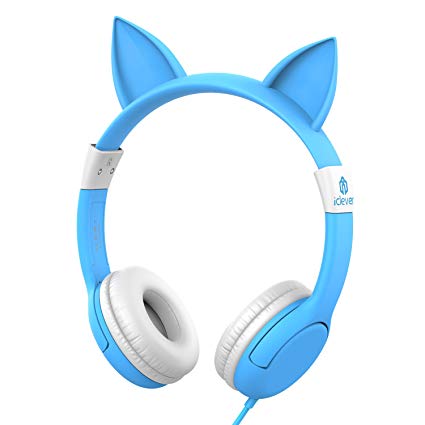 iClever BoostCare Wired Kids Headphones Cat-inspired Over the Ear Headsets with 85 Volume Limited, Food Grade Silicon Material(HS07), Blue