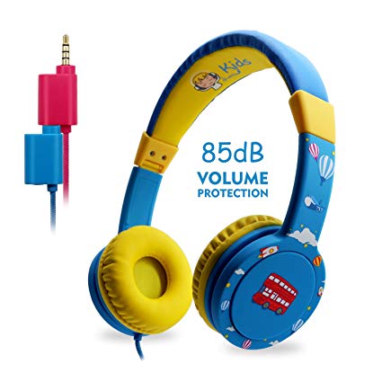 Kids Headphones, EasySMX On-Ear Headset Wired Foldable 85dB Volume Limited with Mic Headphone Splitter 3.5mm Jack In-line Control Children Headphones (Blue)