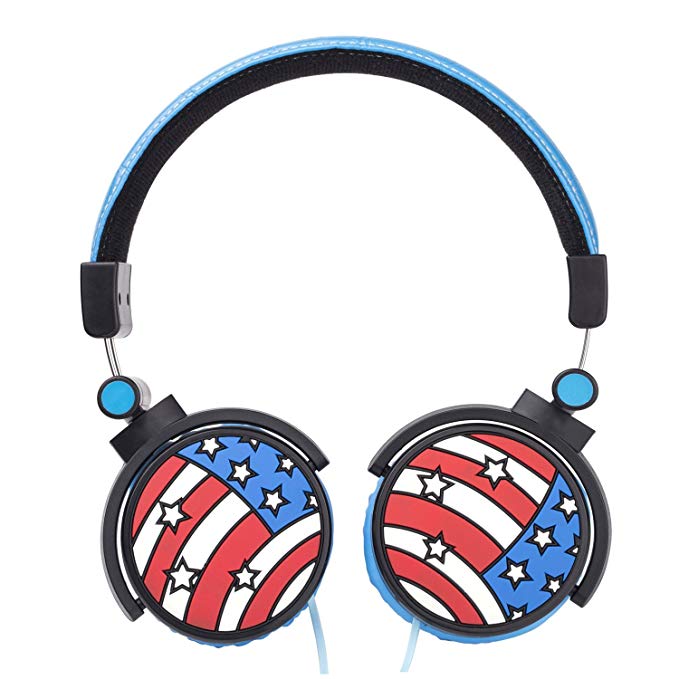 Kuear Headphone On-Ear,Wired Stereo Headsets with Microphone and Volume Control, Silicone Flag Pattern, Lightweight, Powerful Bass for Kids Adults Girl Boy CellPhones Computer PC Tablet