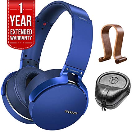 Sony XB950B1 Extra Bass Wireless Headphones with App Control Blue 2017 model (MDRXB950B1/L) with Wood Headphone Stand, HardBody PRO Full Sized Headphone Case Black & 1 Year Extended Warranty