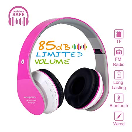 Kids Bluetooth On-Ear Headphones 85dB Volume Limiting Wireless/Wired Foldable Headset Earphones with AUX 3.5mm Jack,Mirco SD Card Slot,FM Radio for Students Children for PC Tablets Cellphone(Pink)