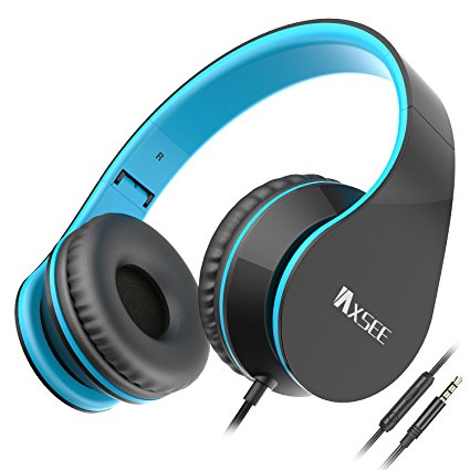 IAXSEE I70 Wired On-ear Headphones with Microphone and Volume Control Stereo Lightweight Adjustable Headsets for iPad iPod Android Smartphones Laptop Mp3(Black Blue)