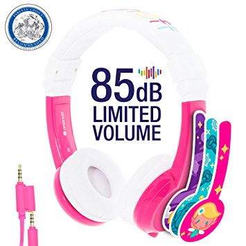 Explore Foldable Volume Limiting Kids Headphones - Durable, Comfortable & Customizable - Built in Headphone Splitter and In Line Mic - For iPad, Kindle, Computers and Tablets - Pink