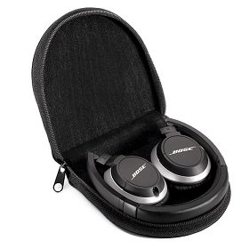 The headphones fold flat for storage in the zippered carrying case to protect them during travel.